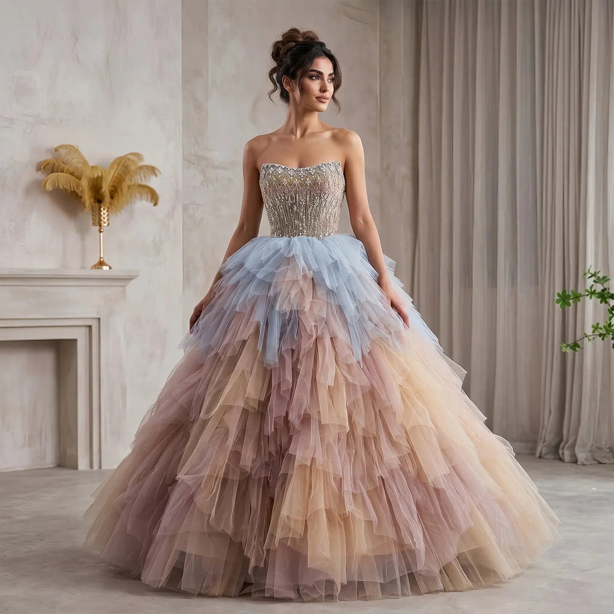 Luxury Rose Gold Ruffles Ball Gown Evening Dress SS731