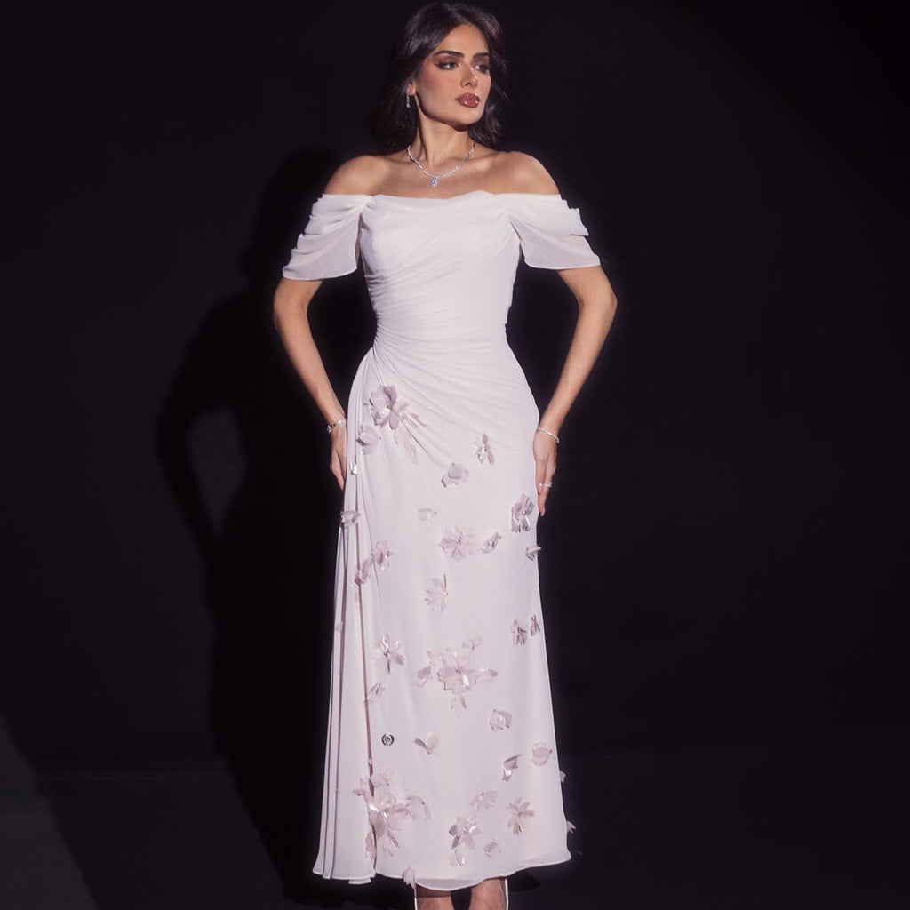 Elegant Pink 3D Flowers Off Shoulder Evening dress SF313