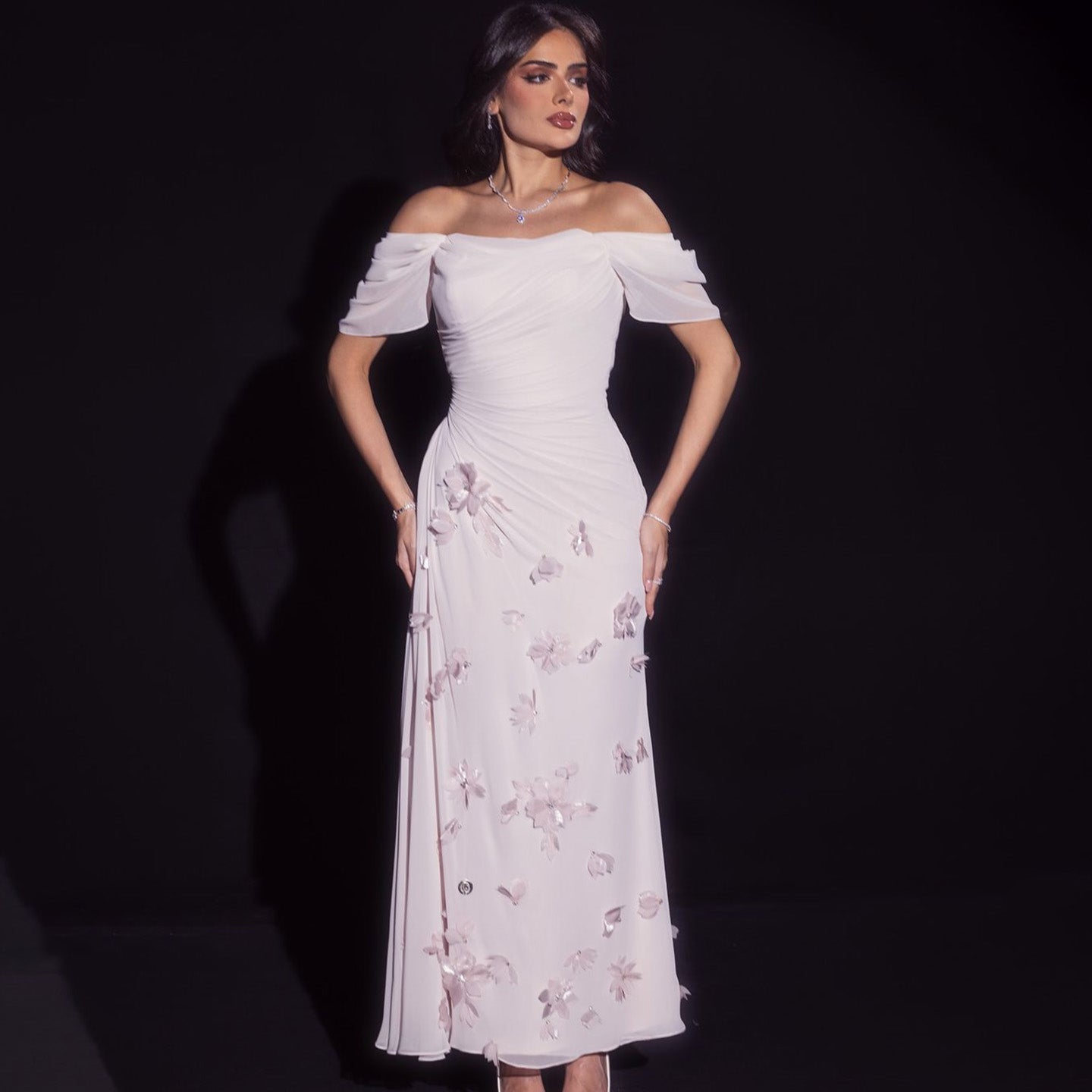 Elegant Pink 3D Flowers Off Shoulder Evening dress SF313