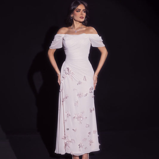 Elegant Pink 3D Flowers Off Shoulder Evening dress SF313