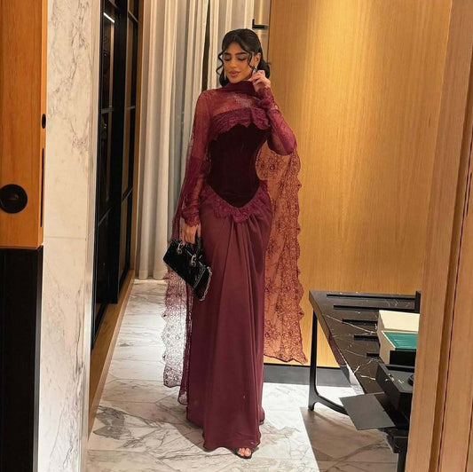 Luxury Burgundy Lace Panel Long Sleeve Fitted Evening Dress with Cape SF462