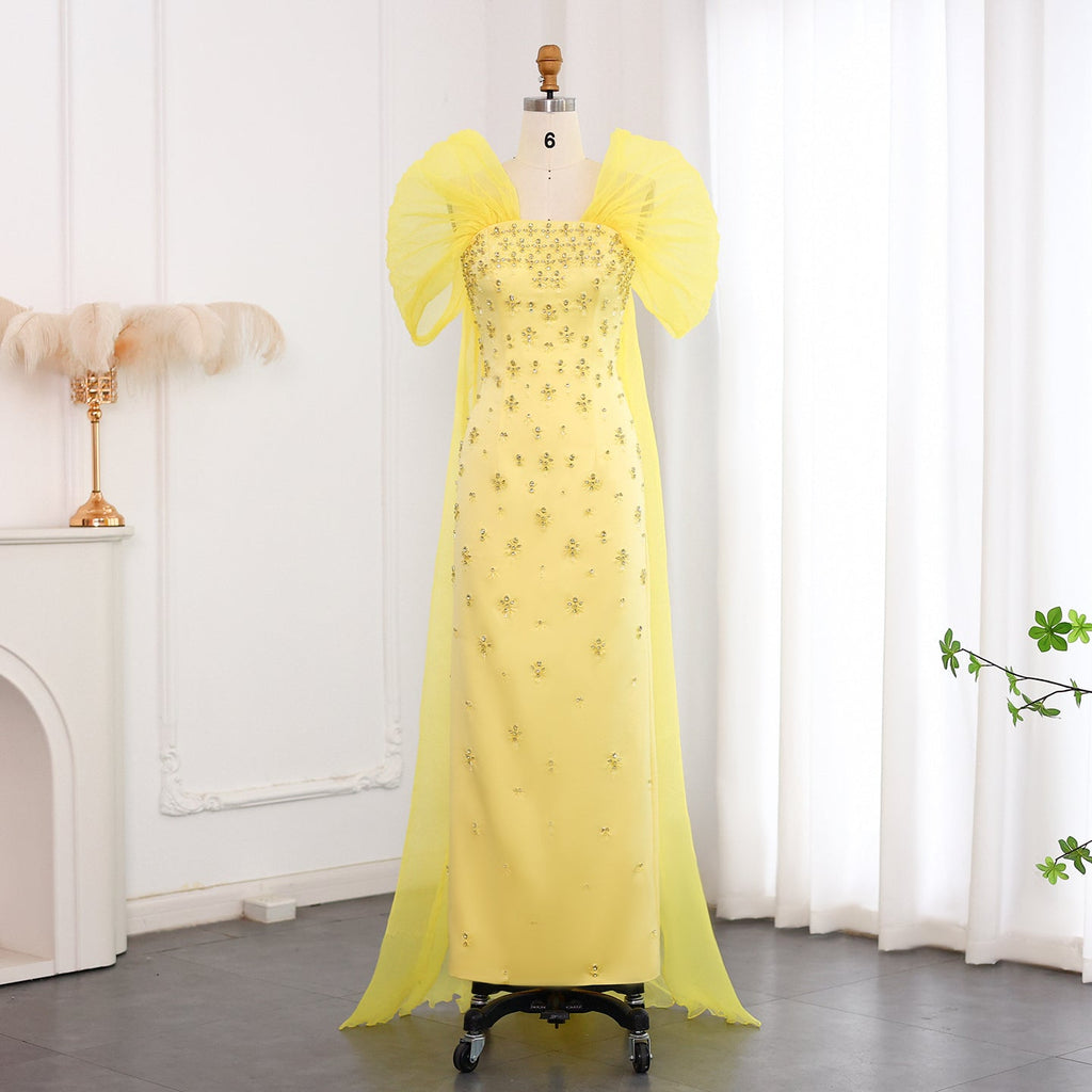 Luxury Beaded Yellow Evening Dress with Cape SS570