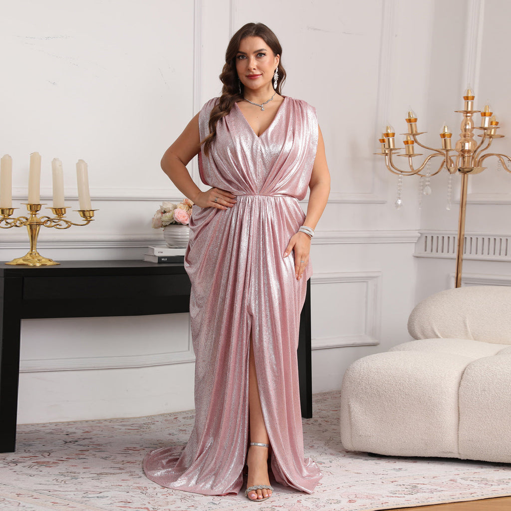Luxury Pink Pleats Side-Slit Evening Dress SF623