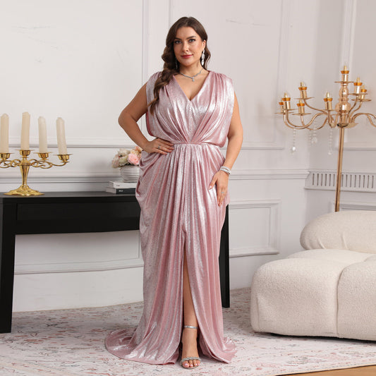 Luxury Pink Pleats Side-Slit Evening Dress SF623