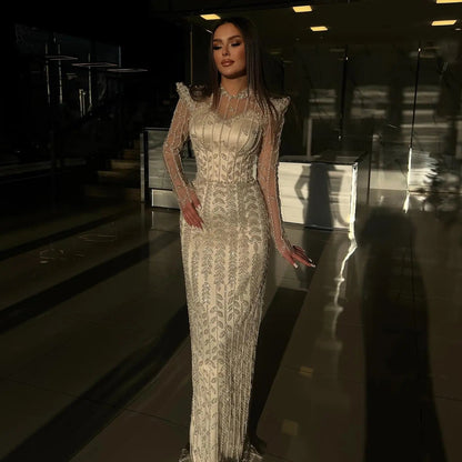 Luxury Cream Long Sleeves Evening Dress SS696