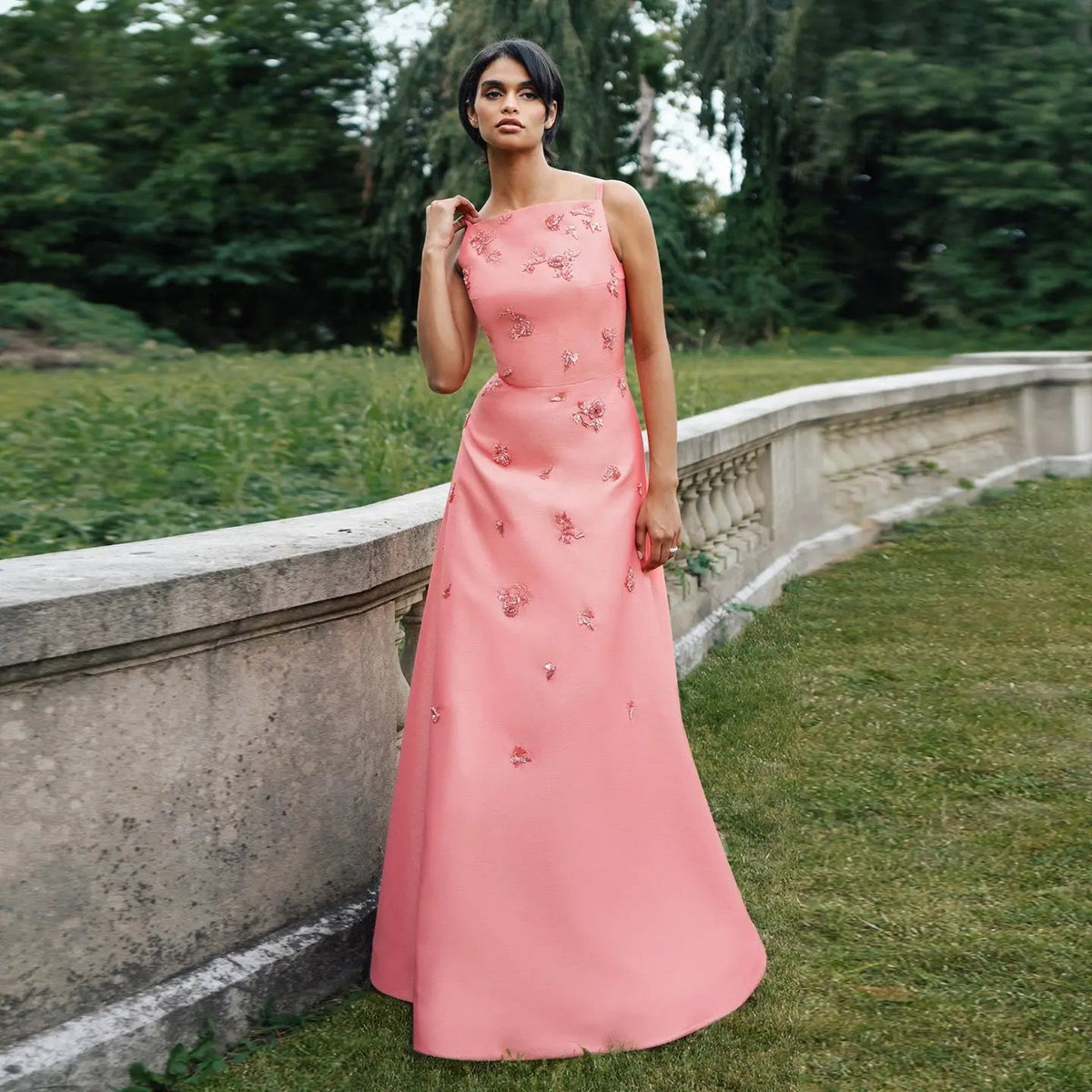 Luxury Pink Satin Evening Dress with Scattered Floral Appliqués SF302