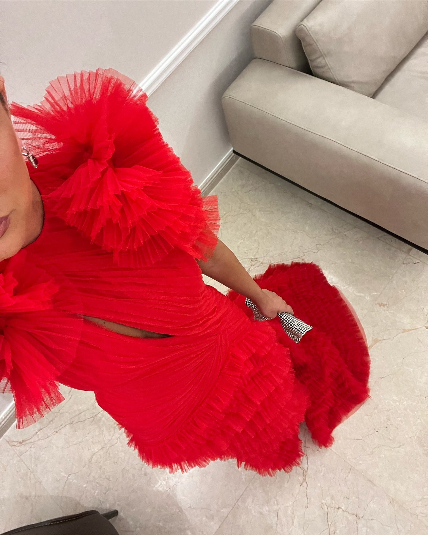 Luxury Red Ruffled Train Mermaid Evening Dress SF512