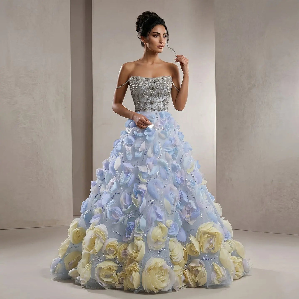 Luxury 3D Floral Strapless Beaded Evening Dress SS728