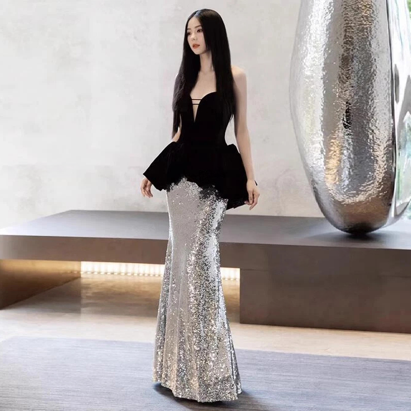Edgy Black Silver Velvet Deep V-Neck Peplum Sequin Evening Dress SF425