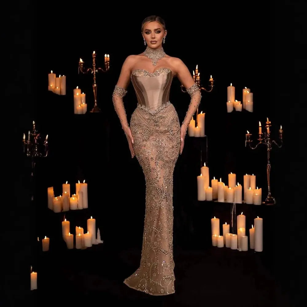 Luxury Beaded Mermaid Evening Dress with Scarf and Gloves SS069