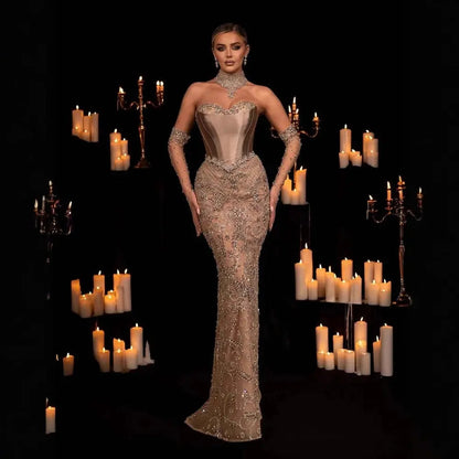 Luxury Beaded Mermaid Evening Dress with Scarf and Gloves SS069