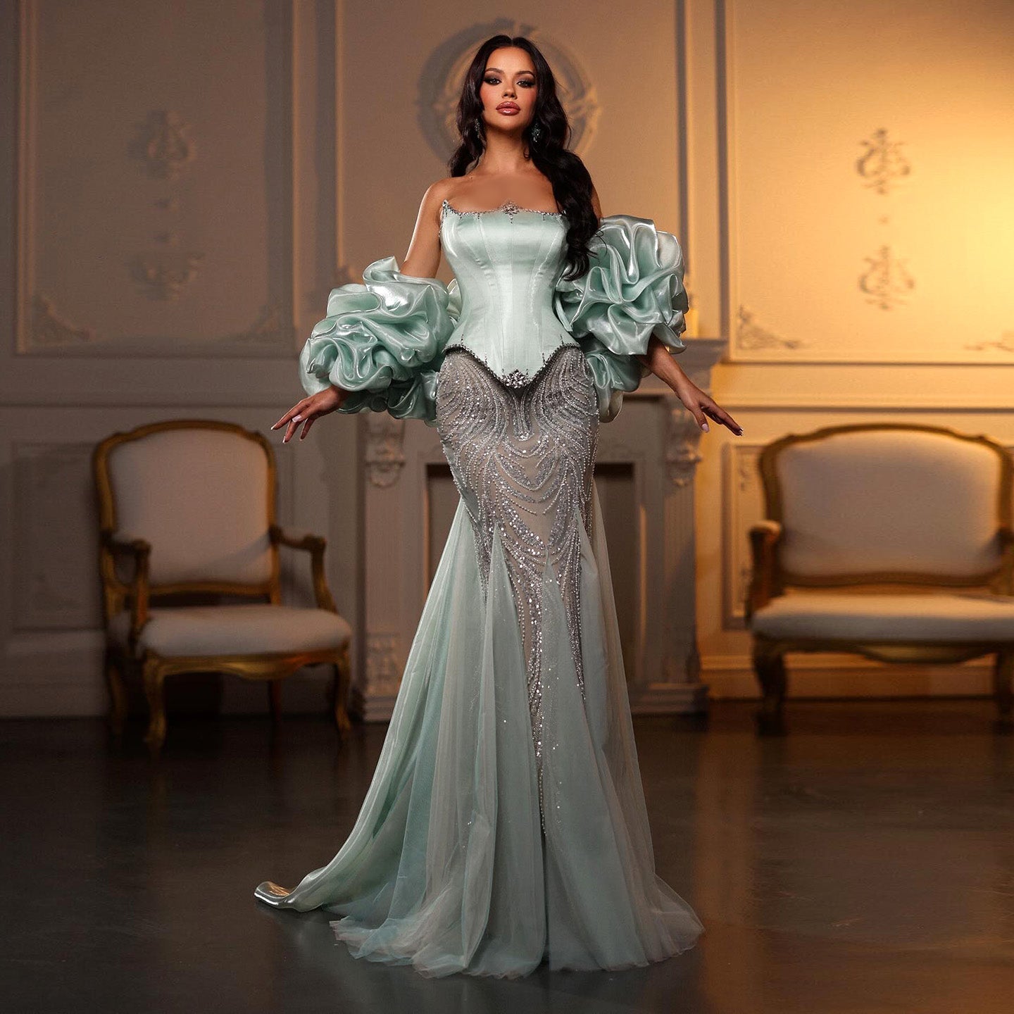Glamorous Aqua Strapless Puff Sleeve Beaded Mermaid Evening Dress SS501