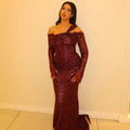 Luxury Wine Red Sequin Off-the-Shoulder Lace Mermaid Evening Dress SF459