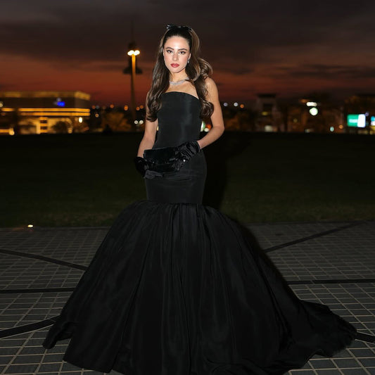 Luxury Black Strapless Ruffled Mermaid Evening Dress SF595