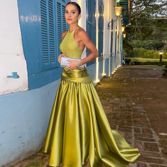 Luxury Olive Green Halter Neck Satin Ball Gown Evening Dress SF148