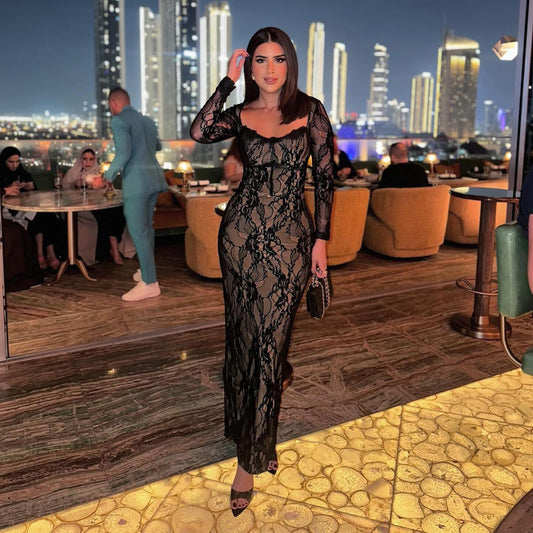 Elegant Long Sleeves Black Sheath Lace Evening Dress SF598