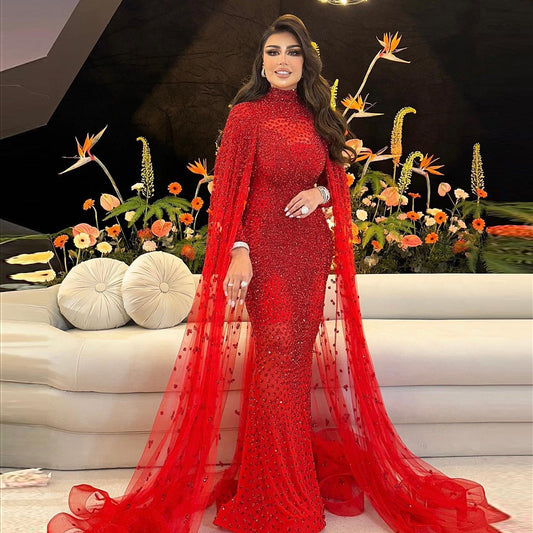 Luxury Beaded Pink Mermaid Evening Dress with Cape Sleeves SS202