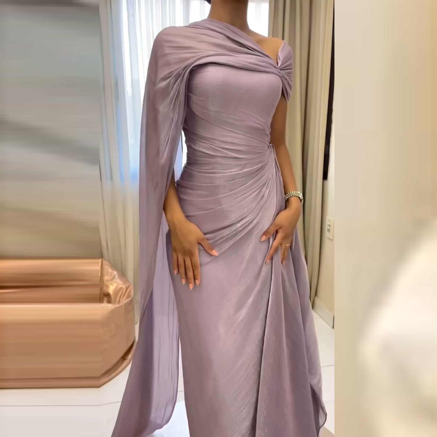 Elegant Lilac Draped Evening Dress with Cape SF199