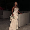 Elegant Beige Strapless Beaded Evening Dress with Overskirt and Scarf SS242