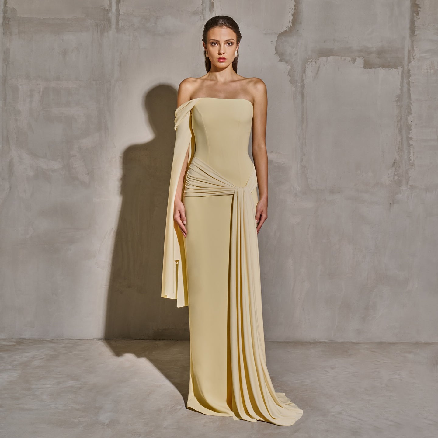 Luxury Light Yellow One-Shoulder Evening Dress with Overskirt SF069
