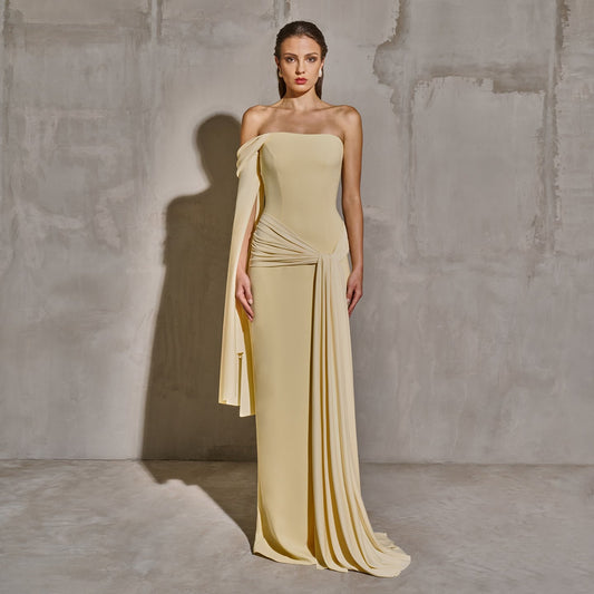 Luxury Light Yellow One-Shoulder Evening Dress with Overskirt SF069