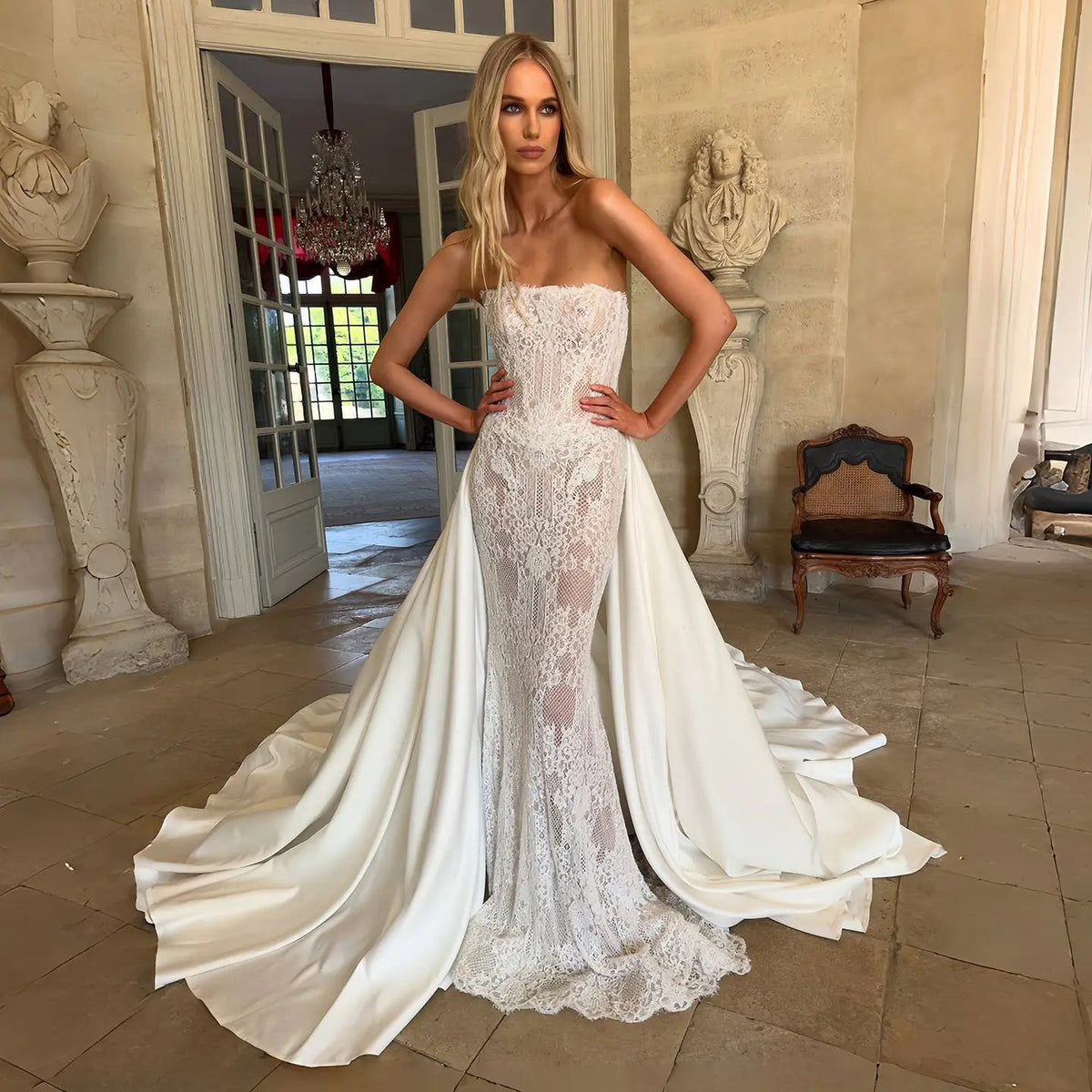 Luxury White Strapless Lace Mermaid Wedding Dress with Overskirt SW226