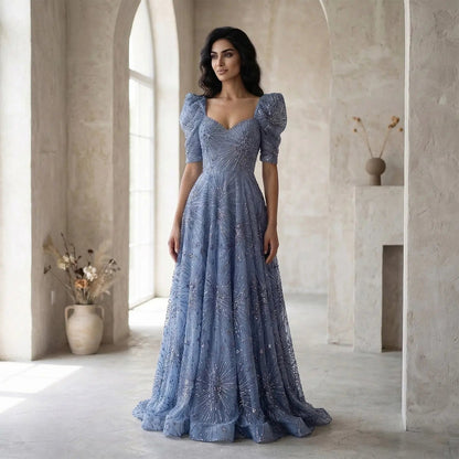 Glamorous Blue Puff Sleeve Sweetheart Neck Beaded Evening Dress SS080