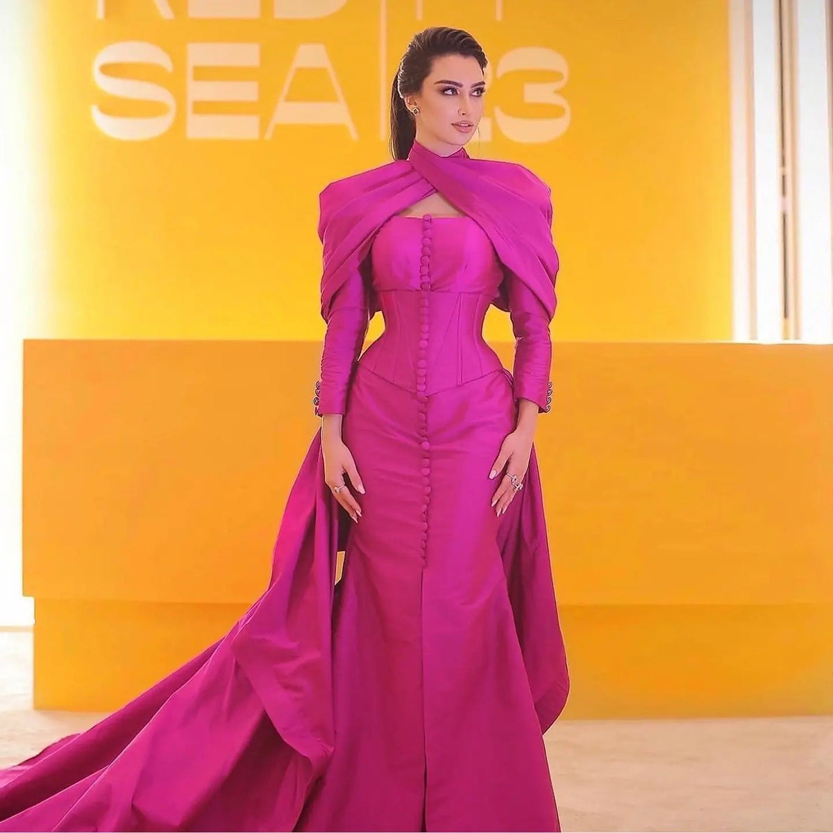 Fuchsia Mermaid Evening Dress with Overskirt Corset Long Sleeves SF030