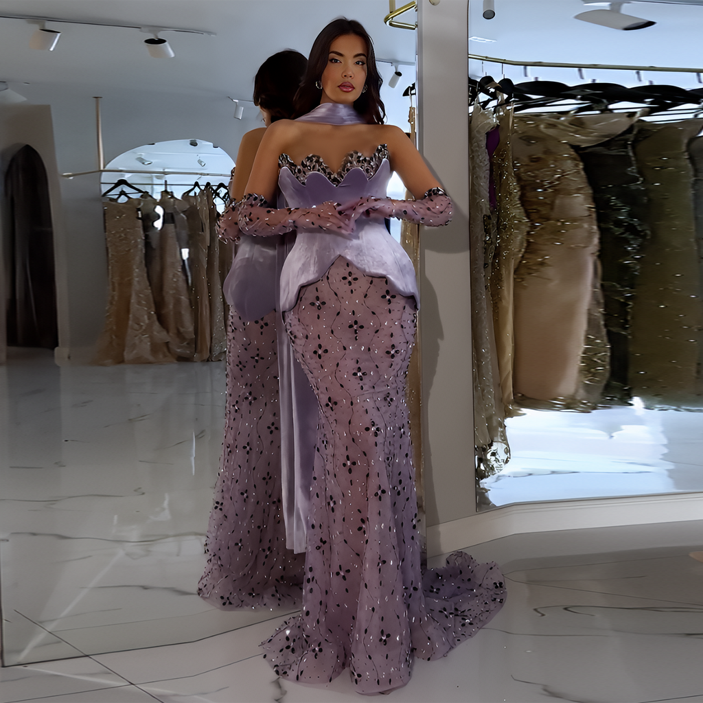 Elegant Strapless Purple Evening Dress with Scarf and Gloves SS269