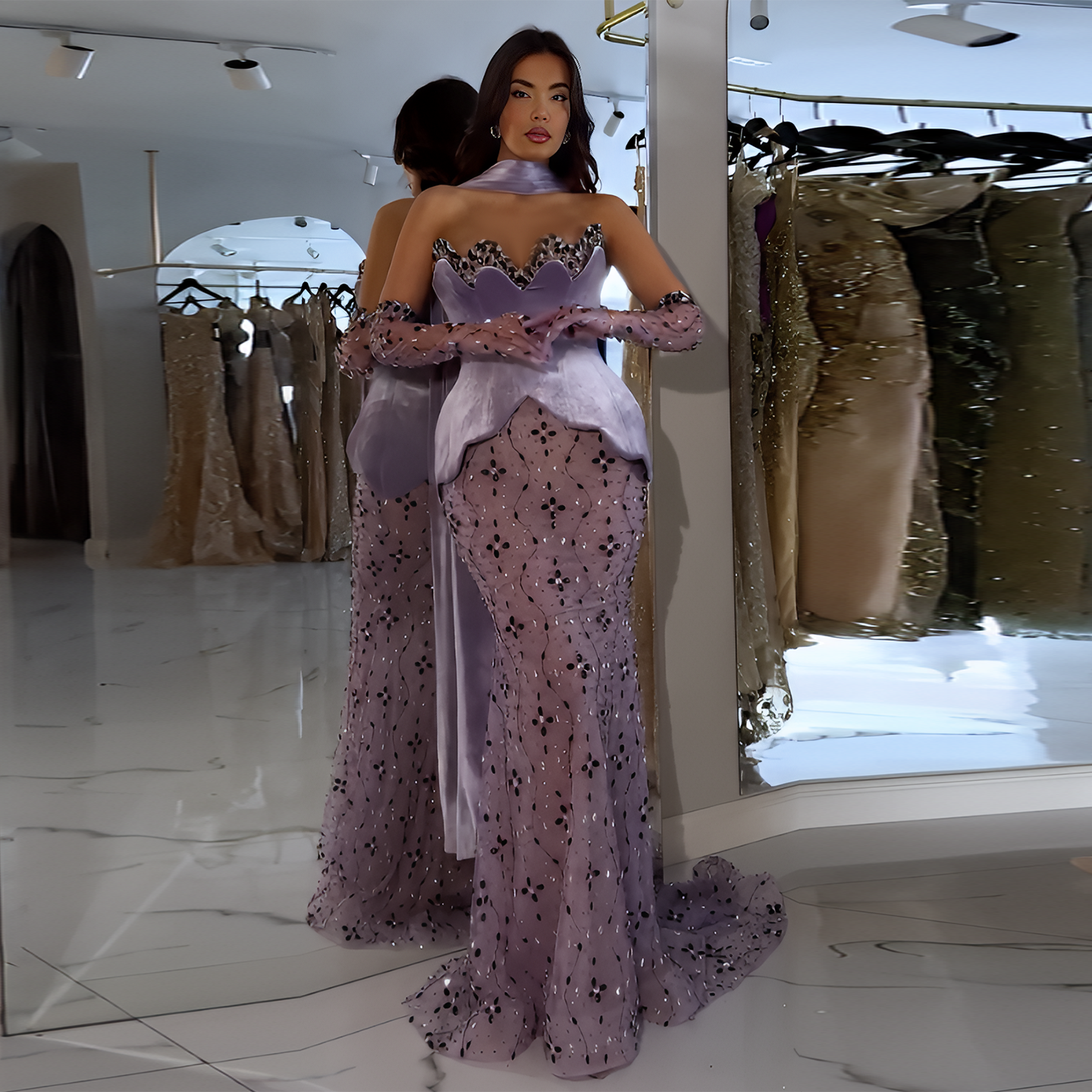 Elegant Strapless Purple Evening Dress with Scarf and Gloves SS269