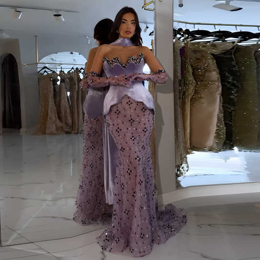 Elegant Strapless Purple Evening Dress with Scarf and Gloves SS269