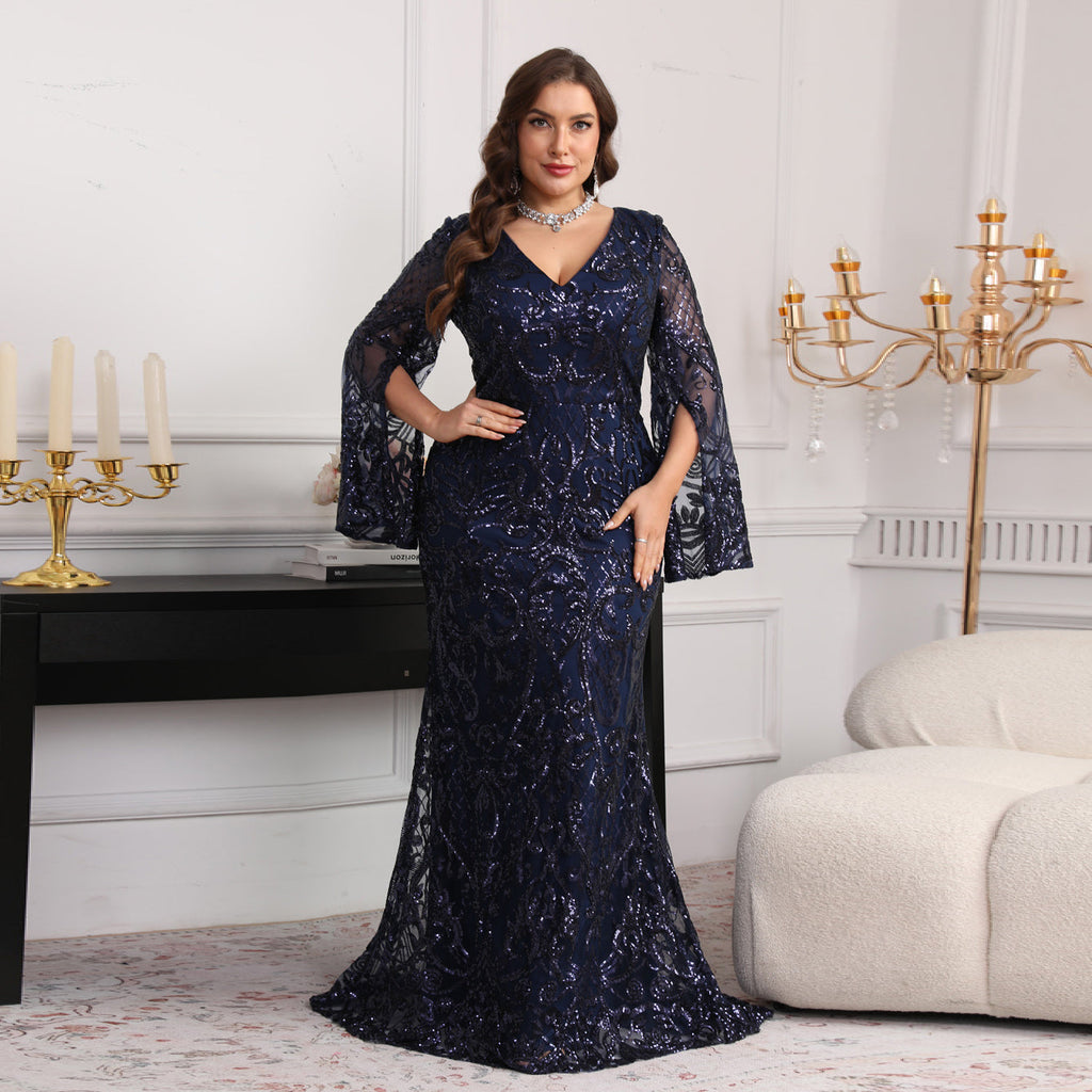 Luxury Navy Blue Sequin Batwing Sleeve Evening Dress SF624