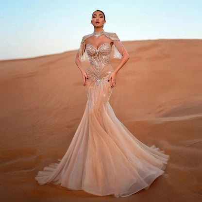 Luxury Champagne Beaded Crystal Evening Dress with Tassel Shoulder SS021
