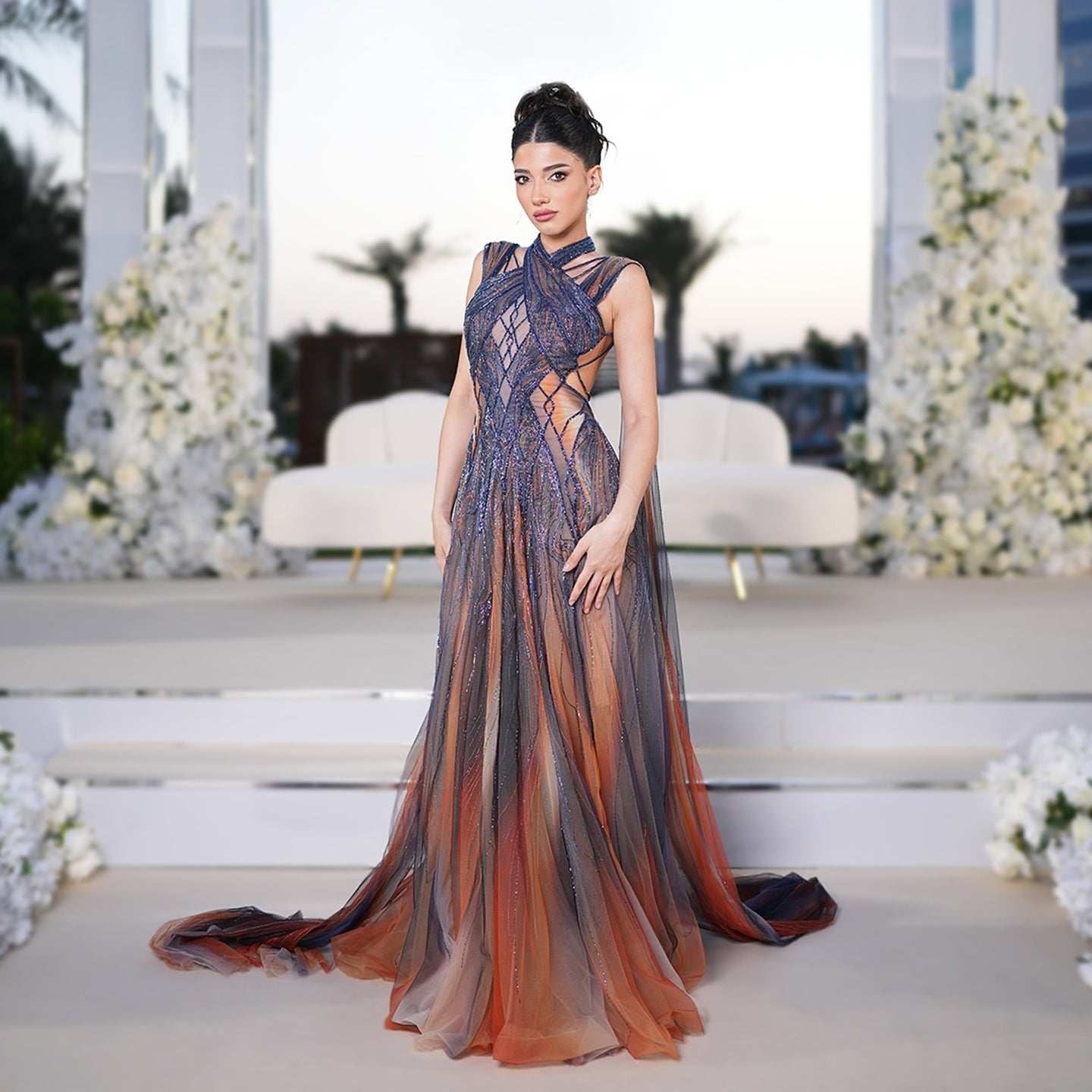 Luxury Gradient Beaded Evening Dress with Cape SS297