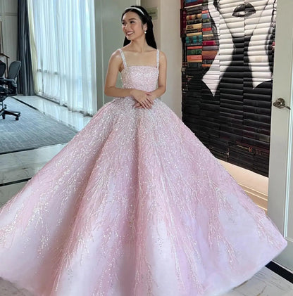 Luxury Pink Beaded Sleeveless Ball Gown Evening Dress SS702