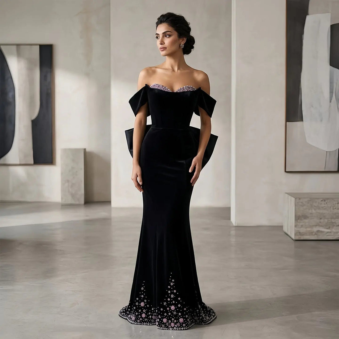 Luxury Black Velvet Beaded Fitted Train Evening Dress with Bow SS739