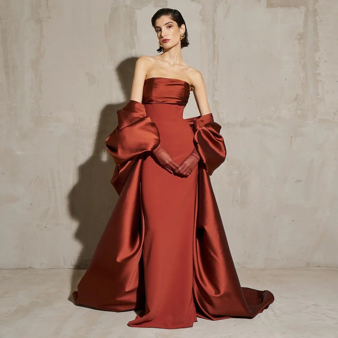 Glamorous Rust Strapless Satin Evening Dress with Oversized Sleeves SF490