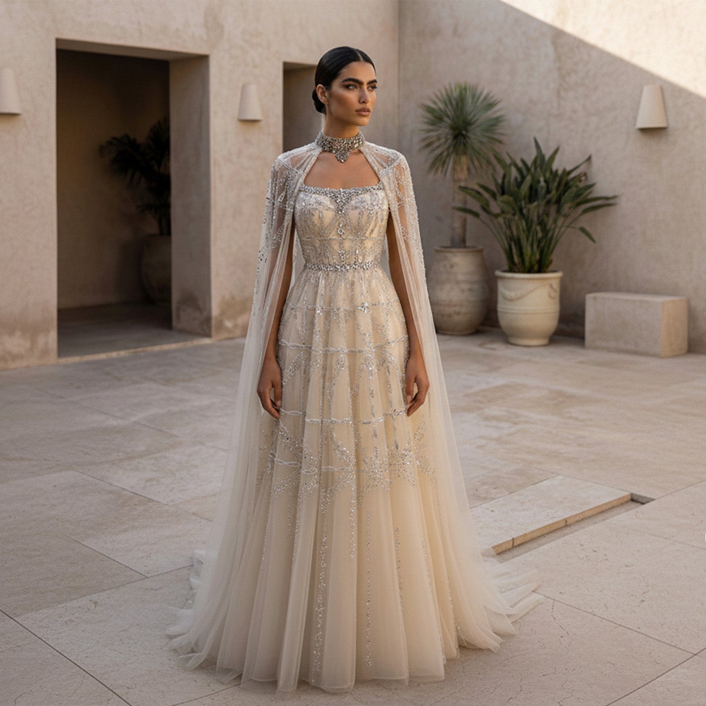 Luxury Cream Crystal Beaded Train Evening Dress with Cape SS486