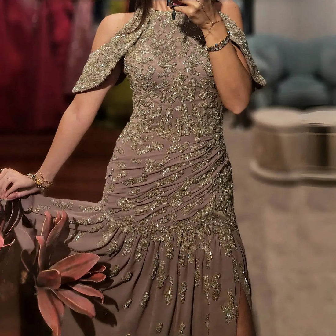 Luxury Beaded Mauve Snap Sleeves Evening Dress SS559