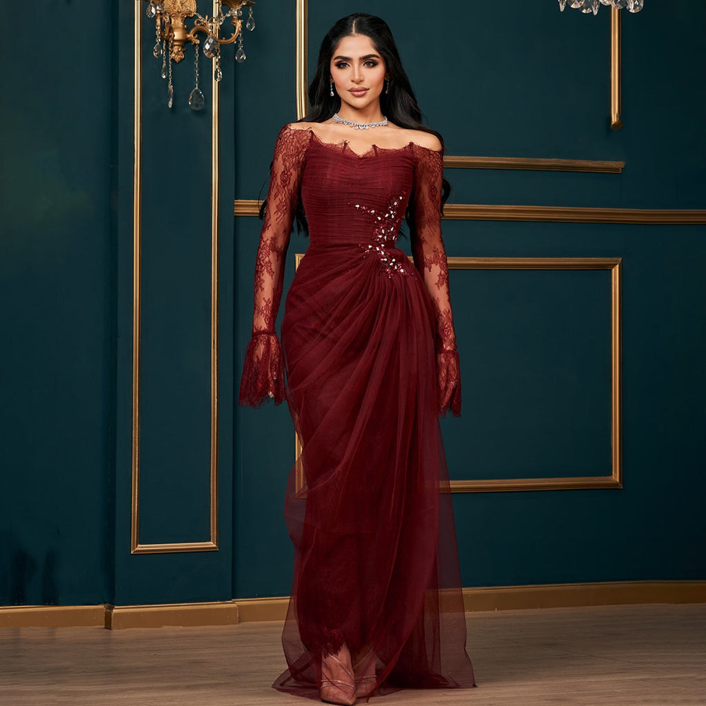 Luxury Beaded Burgundy Strapless Pleats Evening Dress SF456