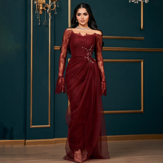 Luxury Beaded Burgundy Strapless Pleats Evening Dress SF456