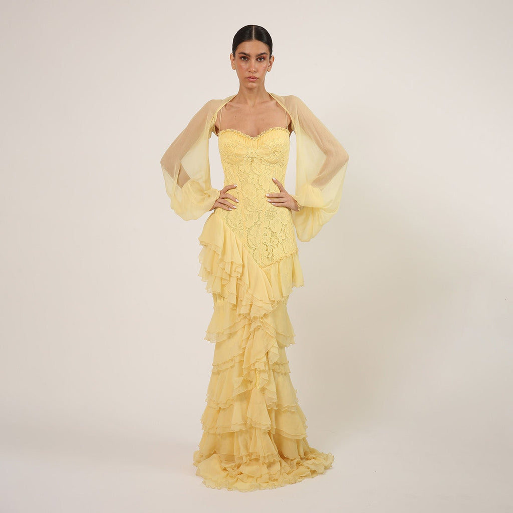 Elegant Yellow Tiered Ruffles Evening Dress with Cape Sleeve SF356