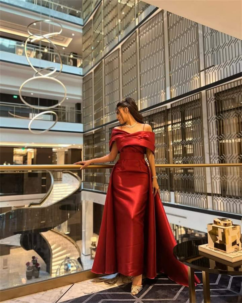 Elegant Burgundy Off Shoulder Evening Dress with Overskirt SF275