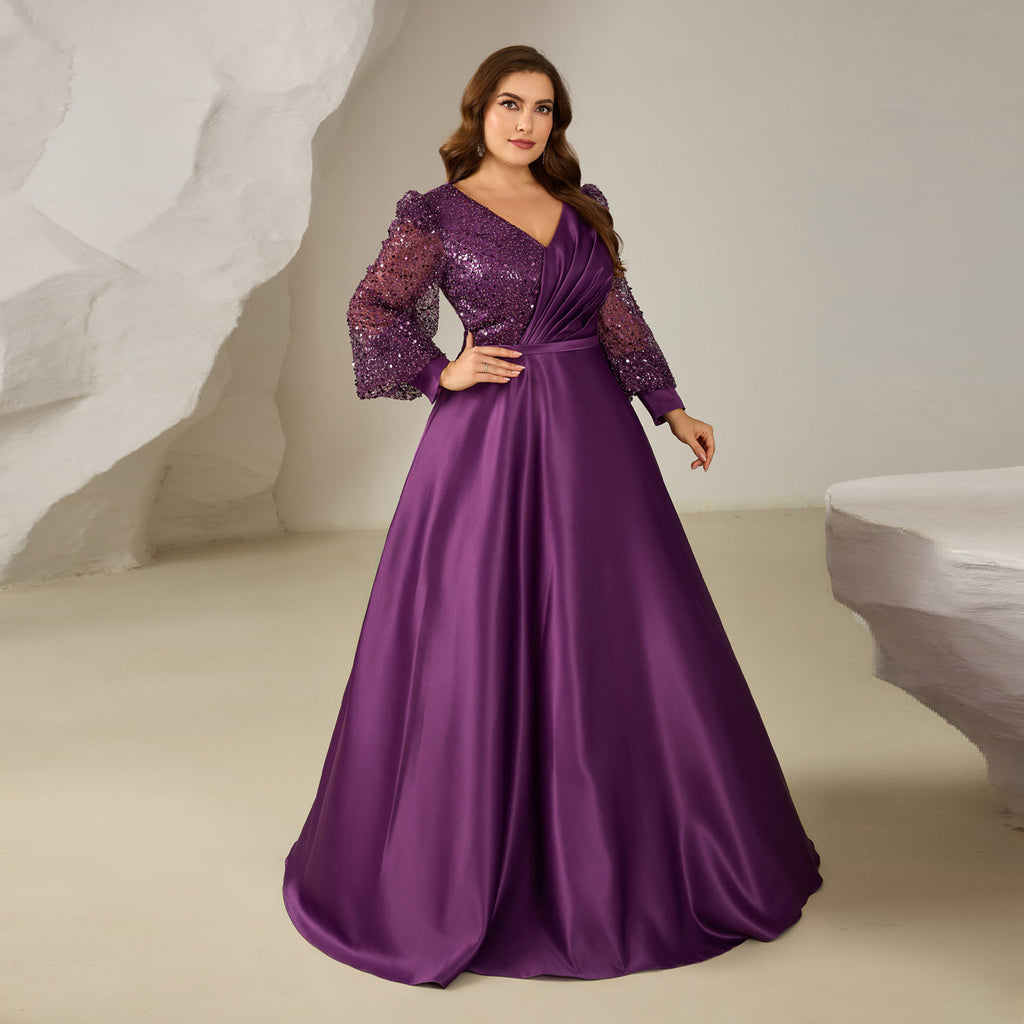 Luxury Purple Sequin Long-Sleeve Evening Dress SF613