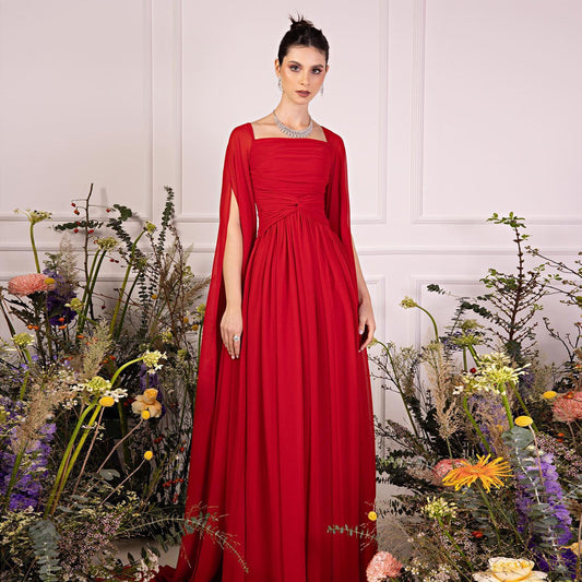 Elegant Red A-Line Chiffon Evening Dress with Cape Sleeves SF032