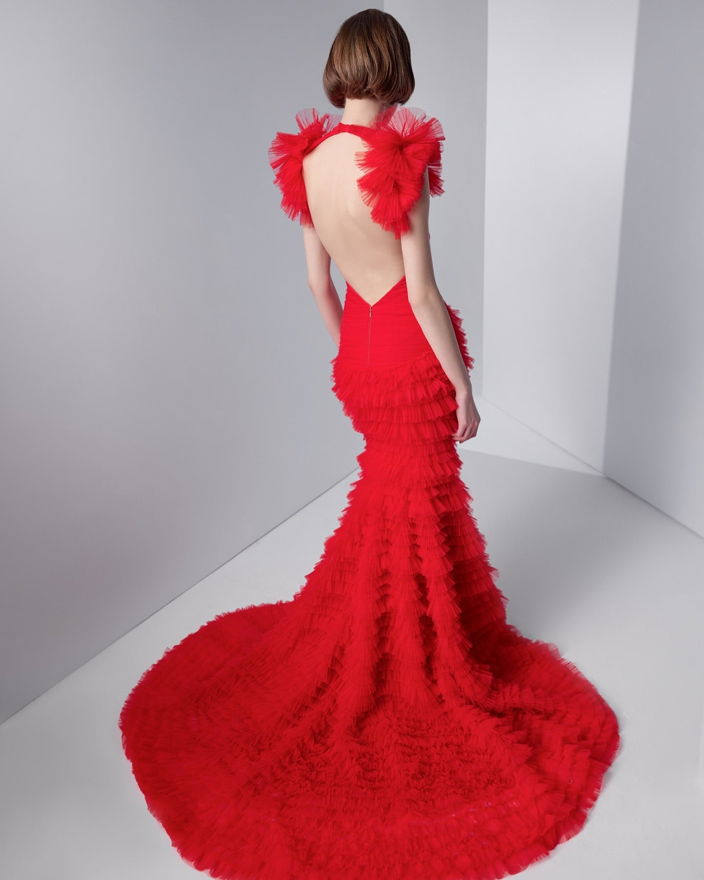 Luxury Red Ruffled Train Mermaid Evening Dress SF512