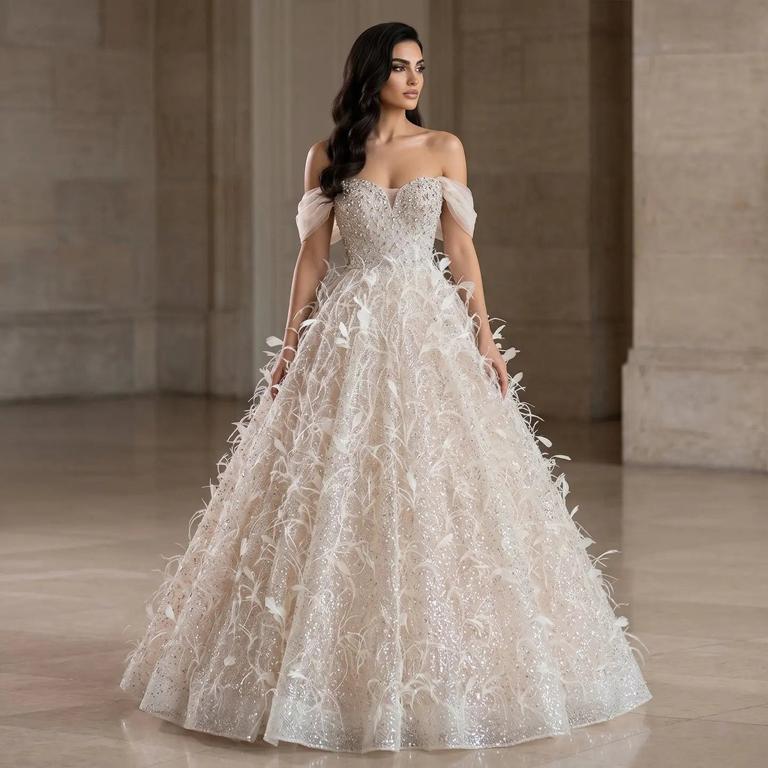 Luxury Peach Feather Strapless Ball Gown Evening Dress SS724