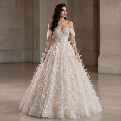 Luxury Peach Feather Strapless Ball Gown Evening Dress SS724