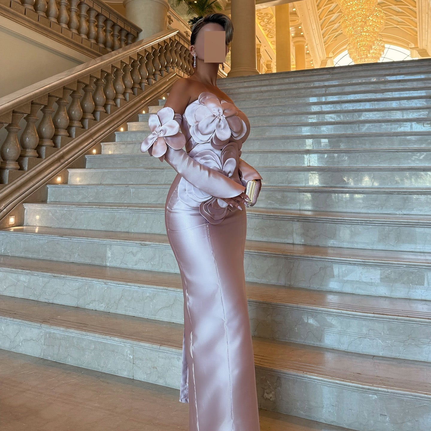 Luxury Pink 3D Floral Strapless Evening Dress with Split Tail SF394