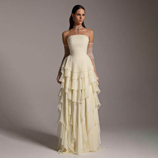 Elegant Yellow Strapless Ruffles Evening Dress SF256
